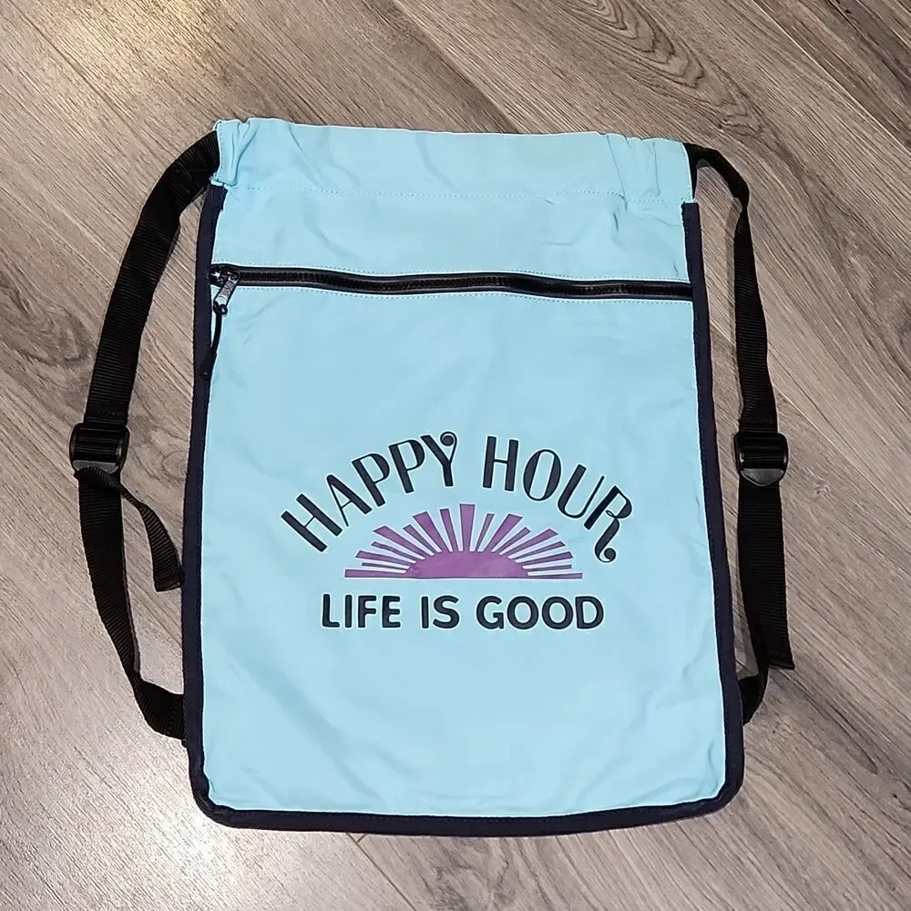 Tiffany Blue HAPPY HOUR LIFE IS GOOD Drawstring Flat Backpack